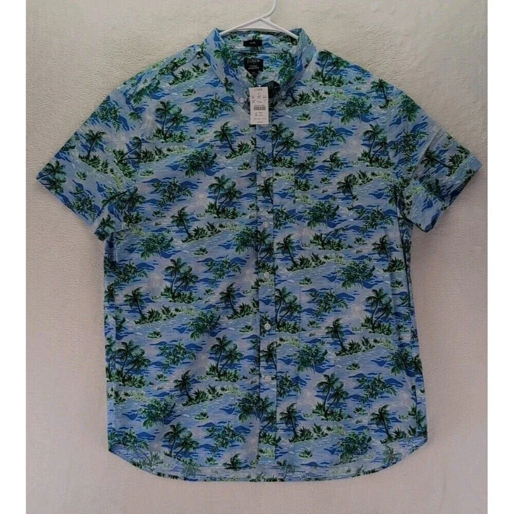 J.Crew Flex Washed Slim Hawaiian Palm Trees Button Down Short Sleeve Shirt XL